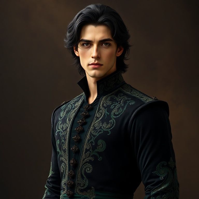 he is realistic a handsome man with dark black hair and he has prince dress the dress colors are black and green