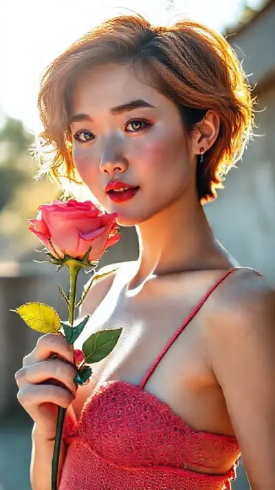 It's a sunny summer day, the sun shining from the left. The woman holding a rose creates a truly aesthetically pleasing image. The Chinese woman, in her 20s, has very short, very wet, and wavy light chestnut hair, prominent wet blue irises, small, juicy lips with a pink undertone, a short chin, bright rose cheekbones, thick eyebrows, very prominent dimples, and a few freckles. She has short shoulders, small, slender breasts, a slim waist, wide hips, a knitted leaf thong, and red heels. The sunlight reflects off her face and body with a golden hue, completing the composition. Camera type: Full-frame DSLR 100MP Lens: 85mm f/1.8 portrait lens 85mm wide-angle; ultra-detailed, vibrant colors and textures;