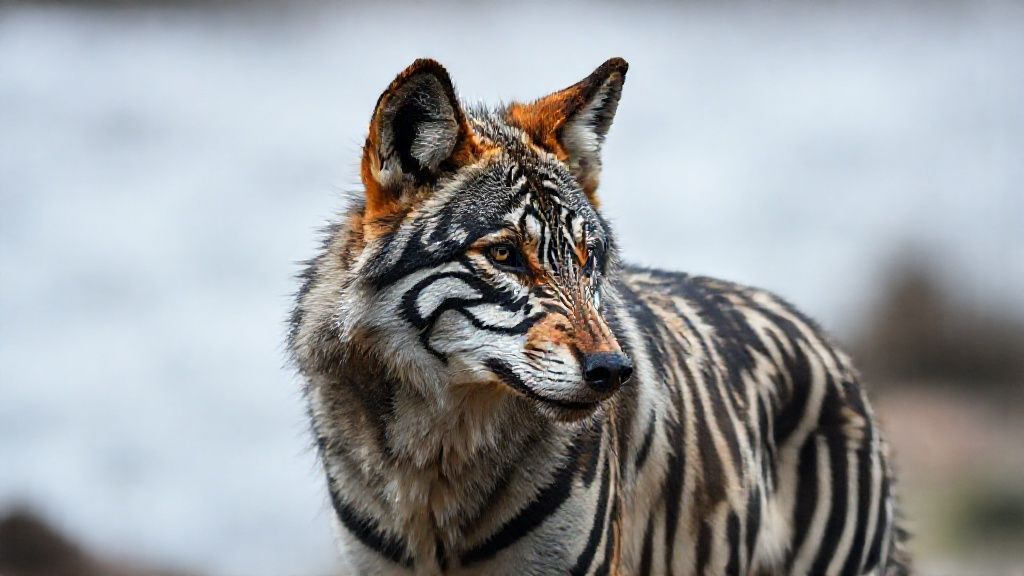 A unique animal that physically resembles a wolf but has zebra-like coloring; a mutated, evolved animal captured in documentary-quality images with an 85mm DSLR lens.
