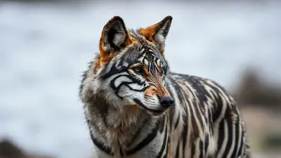 A unique animal that physically resembles a wolf but has zebra-like coloring; a mutated, evolved animal captured in documentary-quality images with an 85mm DSLR lens.