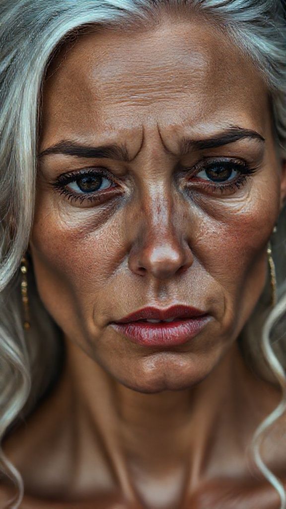 The anatomy of a 22 years old, sad and weeping Brazilian woman. Natural, 100% makeup-free, captivating, shy, tearful beauty. Natural facial structure, extremely ultra realistic anatomical skin texture. Deeply ultra detailed skin pores and sides interwoven with wavy white hair, an extremely ultra detailed, focused facial structure. Fine, deep forehead lines and sharp details. Black iris eyes. Extremely detailed, micro-focused lashes. Extremely detailed, micro-focused, ultra-detailed black eyebrows. Large, pointed, focused nose. Extremely detailed, natural dimples. Detailed, full lips. Extremely detailed, focused red, juicy, wet lips. Small, elegant pointed chin. Beautifully detailed facial features. Anatomically defined facial line ultra detail. Ultra-detailed processing. Micro-detailed aging pore structure. Focused, detailed earrings. Ultra-realistic, vibrant and ultra-realistic details. Unfiltered, extremely detailed 8K HD image. No face filter.