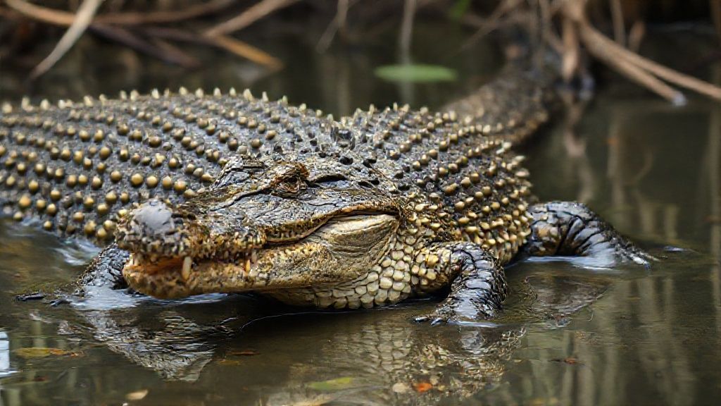 A unique animal that physically resembles a crocodile but has carp-like coloring and a bizarre appearance; a mutated, evolved animal captured in documentary-quality footage. Its extremely wild and detailed fur creates a very impressive sight in its mystical environment, a rural swamp lake. Filmed remotely with a professional 35mm DSLR camera for Ultra HD documentary filmmakers.