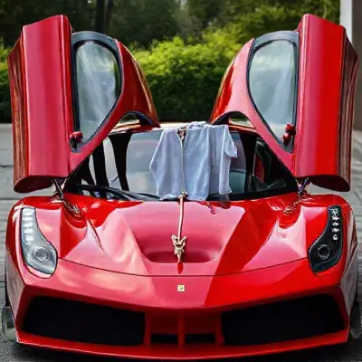 A highly detailed and visually realistic red Ferrari car with its left and right doors open, a rope tied between the two doors, and laundry hanging from the middle. 8K