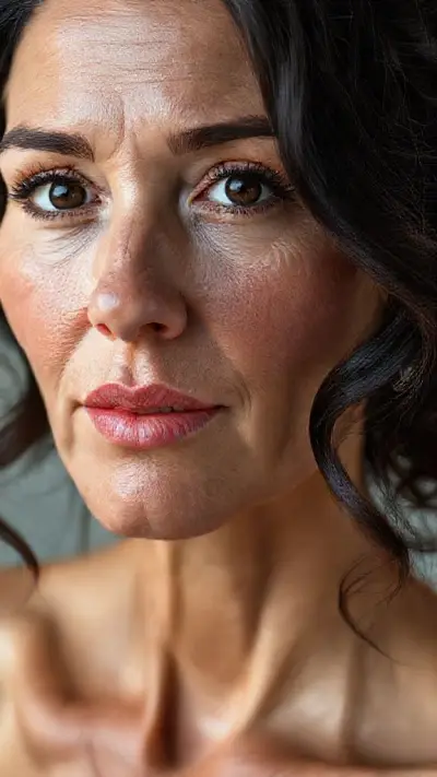 Woman in her 40s, face and body, anatomy: Natural, natural, attractive, makeup-free beauty. Natural facial structure, very realistic anatomical skin texture. Highly detailed facial structure with deeply detailed skin pores and wavy black hair. Precise, deep forehead lines and sharp details. Eyes with black irises. Highly detailed, micro-focused eyelashes. Highly detailed, micro-focused, ultra-detailed black eyebrows. Small, focused nose. Woman in her 40s, face and body, anatomy: Natural, natural, attractive, no-makeup beauty. Natural facial structure, very realistic anatomical skin texture. Highly detailed facial structure with deeply detailed skin pores and wavy black hair. Precise, deep forehead lines and sharp details. Eyes with black irises. Highly detailed, micro-focused eyelashes. Highly detailed, micro-focused, ultra-detailed black eyebrows. Small, focused nose. Highly detailed, natural cheekbones. Small, defined mouth. Detailed lip curves. Highly detailed, focused pink pastel wet lips. Small oval chin. Beautifully detailed facial features. Anatomically defined facial line detail. Micro-detailed facial hair. Ultra-detailed earrings. Micro-detailed aging pore structure. Genetic anatomical synchronous aging of the body. Micro-detailed shooting. Genetic realism. No pictures filter.