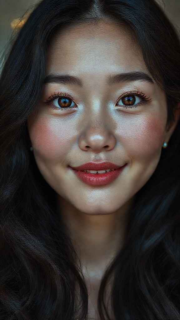 The facial anatomy of a cheerful and attractive woman in her 20s Asian women Natural, 100% makeup-free, captivating, shy, innocent beauty. Natural facial structure, extremely realistic anatomical skin texture. Extremely detailed, focused facial structure with deeply detailed skin pores and wavy black hair. Fine, deep forehead lines and sharp details. Brown iris eyes. Extremely detailed, micro-focused lashes. Extremely detailed, micro-focused, ultra-detailed black eyebrows. Small, focused nose. Extremely detailed, natural cheekbones. Detailed lips. Extremely detailed, focused pink, juicy, wet lips. Small, elegant oval chin. Beautifully detailed facial features. Anatomically defined facial line detail. Ultra-detailed processing. Micro-detailed aging pore structure. Focused, detailed earrings. Realistic, vibrant, and ultra-realistic details. Unfiltered, extremely detailed 8K HD image.