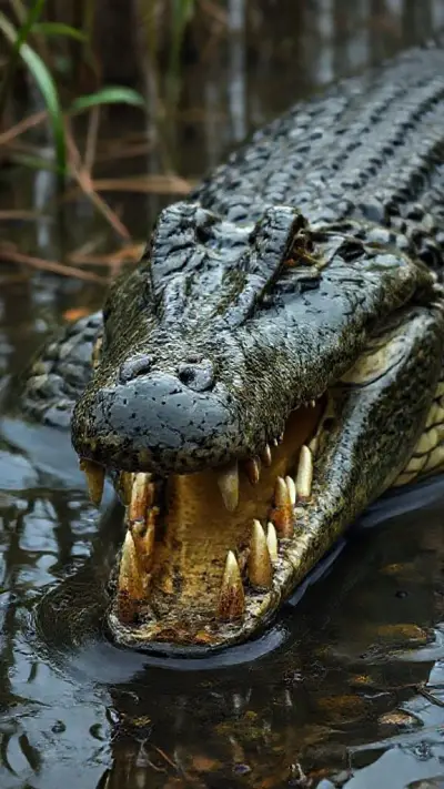 A magnificent animal, a highly detailed crocodile with a massive mouth and teeth made of rifle bullets. A rare photo taken in a swamp. war scene