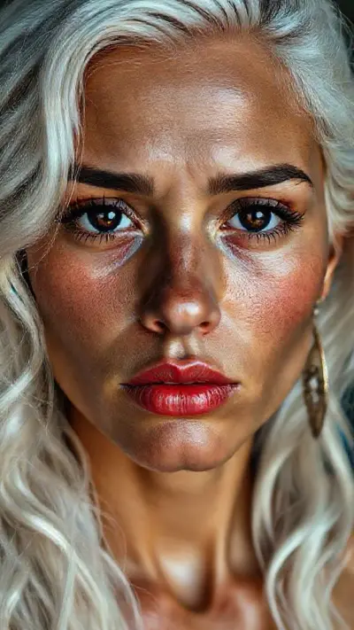 The anatomy of a 22-years-old, sad and weeping Brazilian woman. Natural, 100% makeup-free, captivating, shy, tearful beauty. Natural facial structure, extremely ultra realistic anatomical skin texture. Deeply ultra detailed skin pores and sides interwoven with wavy white hair, an extremely ultra detailed, focused facial structure. Fine, deep forehead lines and sharp details. Black iris eyes. Extremely detailed, micro-focused lashes. Extremely detailed, micro-focused, ultra-detailed black eyebrows. Large, pointed, focused nose. Extremely detailed, natural dimples. Detailed, full lips. Extremely detailed, focused red, juicy, wet lips. Small, elegant pointed chin. Beautifully detailed facial features. Anatomically defined facial line ultra detail. Ultra-detailed processing. Micro-detailed aging pore structure. Focused, detailed earrings. Ultra-realistic, vibrant and ultra-realistic details. Unfiltered, extremely detailed 8K HD image;