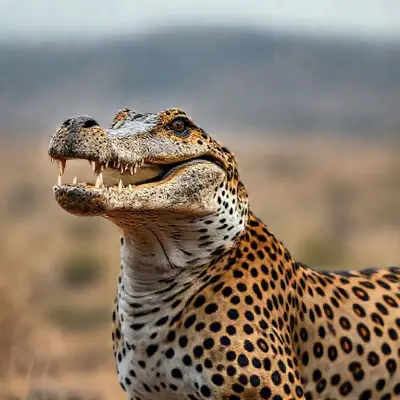 Its head is a crocodile head, its body is a cheetah, its body is realistic, its textures and colors are realistic. Anatomical reality 8K. Full screen African landscape is magnificent 85mm DSLR camera;