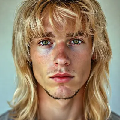 ---

AI Image Prompt (English):

A realistic portrait of a young man with sand-colored blonde hair reaching his shoulders. His hair has light layers, slightly messy and natural, with soft bangs framing his face — not a wolf cut, but subtly textured. He has green, woodsy eyes with an earthy tone. His facial structure is balanced: not overly masculine, yet not baby-faced. He has a straight nose and a sharp, well-defined jawline. Very minimal facial hair — only a faint shadow of stubble along the neck, almost unnoticeable. Clean, natural skin, soft lighting, cinematic realism, high detail, neutral expression, modern portrait photography style.


---