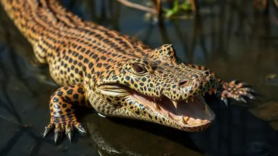 A unique animal that physically resembles a crocodile but has cheetah-like coloring and a bizarre appearance; a mutated, evolved animal captured in documentary-quality footage. Its extremely wild and detailed fur creates a very impressive sight in its mystical environment, a rural swamp lake. Filmed remotely with a professional 35mm DSLR camera for Ultra HD documentary filmmakers.