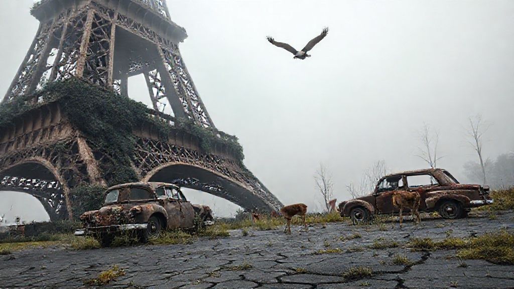 The air is bleak and foggy. The Eiffel Tower, half-ruined and crumbling from the war, its remaining iron beams covered in ivy, rusted, and its asphalt cracked, weeds sprouting between the cracks. Rusty cars with broken windows are haphazardly left around the tower. An eagle soars in the air, and a few deer graze on the weeds growing from the asphalt. A cinematic narrative, a visual reminiscent of an apocalyptic scenario.