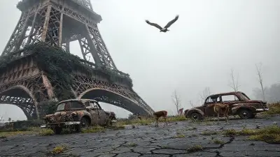 The air is bleak and foggy. The Eiffel Tower, half-ruined and crumbling from the war, its remaining iron beams covered in ivy, rusted, and its asphalt cracked, weeds sprouting between the cracks. Rusty cars with broken windows are haphazardly left around the tower. An eagle soars in the air, and a few deer graze on the weeds growing from the asphalt. A cinematic narrative, a visual reminiscent of an apocalyptic scenario.