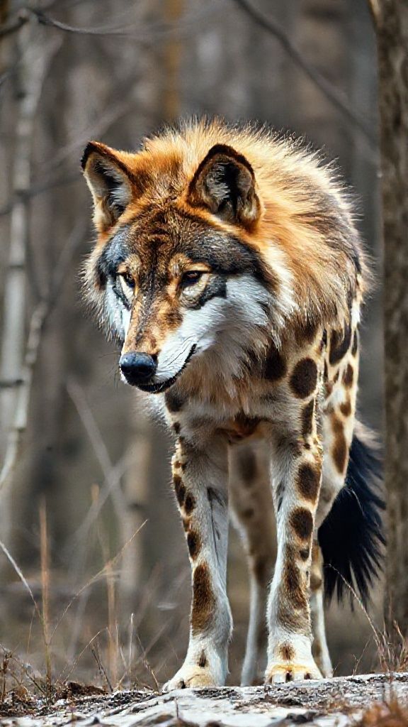 Physically very similar to a giraffe, this wolf is a unique creature with its colors and ferocious appearance; almost a mutated, evolved beast, captured in documentary-quality footage. Its extremely wild and detailed fur creates a stunning image in its natural habitat in a rural swamp lake forest. The ultra-realistic animal textures were recorded remotely with a professional 35mm DSLR camera for 8K Ultra HD documentary filmmakers.