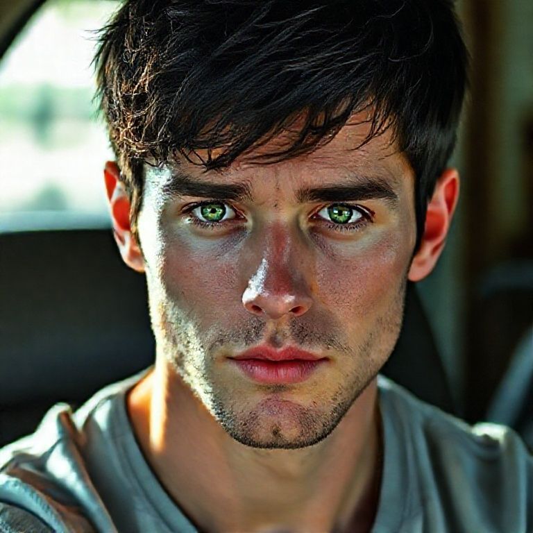 a realistic man with black short hair and he has green eyes too and he look like sebastian stan