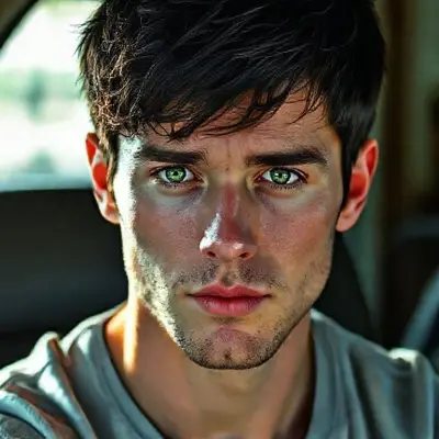 a realistic man with black short hair and he has green eyes too and he look like sebastian stan