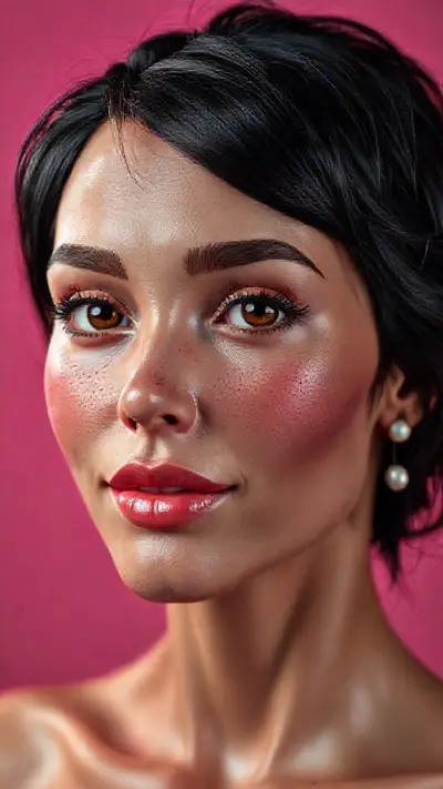 Background: Matte color, vivid studio lighting, female anatomy on a plain studio background with bright colors and lighting; ultra-realistic facial detail, ultra-realistic perforated porous skin texture, center-parted messy shiny black hair, brown iris, watery eyes, ultra-detailed eyelashes, ultra-detailed black eyebrows, small nose, ultra-detailed deep dimpled cheeks, detailed small folds (wet lips), pink lipstick, glossy lips, small chin, detailed lightly freckled face, ultra-anatomical prominent facial line detail, ultra-detailed facial hair, micro-detail, ultra-detail, sympathetic smile, pearl earrings in the ears, accurate physical detail compatible with anatomical detail;