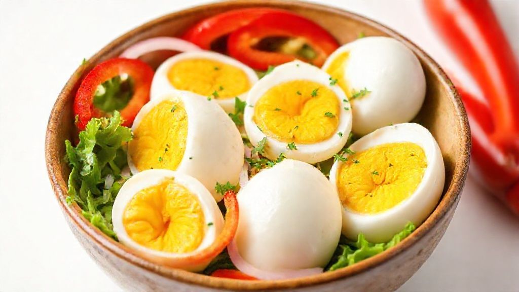 boiled eggs served in a bowl with greens, onions, sliced red peppers, white background, side view, image contains whole bowl