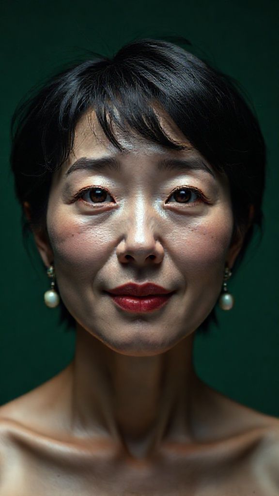 Dark green background, dim studio lighting, Korean female anatomy on a plain studio background, 42 year old woman without makeup, ultra-realistic facial details, ultra-realistic perforated porous skin texture, messy shiny short black hair parted in the middle, ultra-detailed forehead lines, brown iris, watery eyes, ultra-detailed eyelashes, ultra-detailed black eyebrows, small nose, focused nose tip detail, ultra-detailed dimpled cheeks, detailed small folds, very wet lips, pink lipstick, small chin, detailed light freckled face, ultra-anatomical prominent facial line detail, ultra-detailed facial hair, (micropore detail), (ultra photo detail), cute, horny smile, detailed colorful pearl earrings, ultra-realistic anatomical alignment detail and ultra-detailed textures: 8K UHD 4320P DSLR 85mm lens