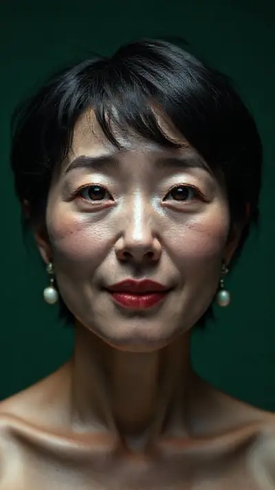 Dark green background, dim studio lighting, Korean female anatomy on a plain studio background, 42 year old woman without makeup, ultra-realistic facial details, ultra-realistic perforated porous skin texture, messy shiny short black hair parted in the middle, ultra-detailed forehead lines, brown iris, watery eyes, ultra-detailed eyelashes, ultra-detailed black eyebrows, small nose, focused nose tip detail, ultra-detailed dimpled cheeks, detailed small folds, very wet lips, pink lipstick, small chin, detailed light freckled face, ultra-anatomical prominent facial line detail, ultra-detailed facial hair, (micropore detail), (ultra photo detail), cute, horny smile, detailed colorful pearl earrings, ultra-realistic anatomical alignment detail and ultra-detailed textures: 8K UHD 4320P DSLR 85mm lens