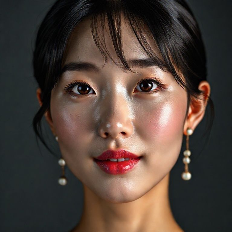 Dark background, bright studio lighting, Korean female anatomy on a plain studio background, no make-up, natural beauty, horny, hot, mystical looking 18 year old woman, ultra-realistic facial details, ultra-realistic perforated pores facial structure, shiny short black hair parted in the middle, ultra-detailed forehead lines, brown iris, watery eyes, ultra-detailed eyelashes, ultra-detailed black eyebrows, small nose, focused nose tip detail, ultra-detailed dimpled cheeks, detailed small folds, very wet lips, pink lipstick, small chin, detailed light freckles face, ultra-anatomical prominent facial line detail, ultra-detailed facial hair, (micro-detailed pore structure), (ultra-realistic expression), cute, horny smile, detailed colorful pearl earrings, ultra-realistic anatomical alignment detail and ultra-detailed textures;
