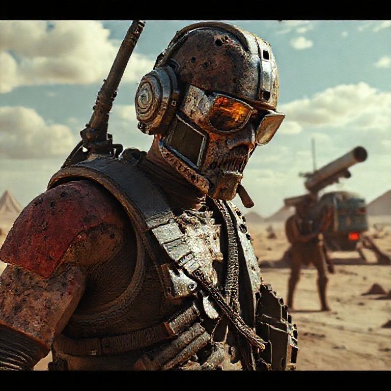 mad max man, photo realistic, post apocalypt, a detailed matte painting by Jerry Eisenberg, presented in cgsociety, Antipodeans, #vfxfriday, Imagined by light and industrial magic, Playstation 5 screenshot