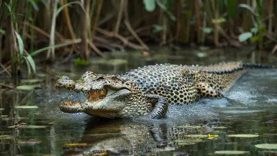 In a wild and detailed natural habitat in a rural swamp forest, a cheetah-crocodile hybrid puts on a dazzling display. This ultra-realistic, detailed image, an example of anatomical hybridity, was shot remotely with a professional 85mm DSLR camera.
