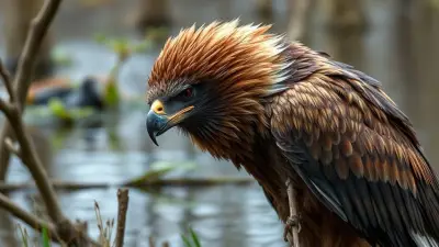 Physically resembling an eagle, but with wolf-like coloring and a bizarre appearance, this creature is a unique being; in documentary-quality footage, it appears almost like a mutated, evolved monster. Its extremely ferocious and detailed fur creates a striking image in its mystical setting: a rural swamp lake. Filmed remotely with a professional 35mm DSLR camera for 8K Ultra HD documentary filmmakers.