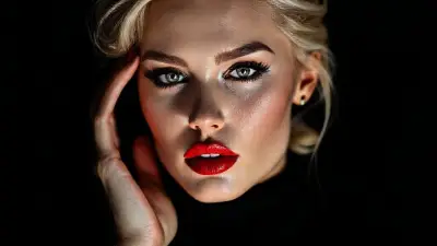 A cinematic close-up portrait of a striking woman in a sleek black turtleneck, her face softly illuminated against a dark, moody background. She has bold matte red lips, dramatic black eyeliner, and defined brows, gazing intensely into the camera with confident, piercing eyes. Her blonde hair is styled in a voluminous, slightly tousled updo, with loose strands framing her flawless, softly contoured face. Her red nails match her lipstick as she gently touches her temple, adding a subtle gesture of elegance. The lighting is clean and high-fashion, creating sharp contrast and rich shadows, evoking the feel of a luxury fragrance campaign, with a minimalist, sophisticated atmosphere, 85mm lens, shallow depth of field, sharp focus on the eyes, cinematic color grading, high-resolution editorial style, no text, no logos.