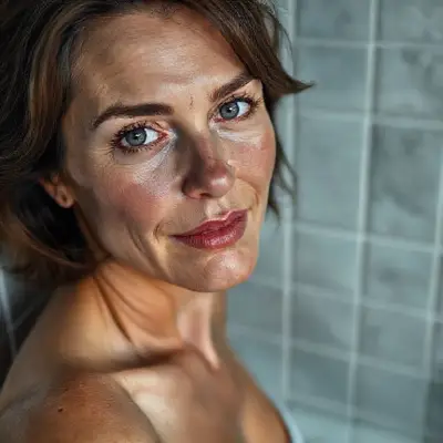 42-year-old model (toned body) (bright light gray eyes) ultra-sharp iris detail, subtle reflections, moist tear line, natural lashes, hyper-detailed face, natural skin pores, soft cheek shadows, high-resolution lash texture, realistic light on the bridge of the nose, subtle smile lines, photorealistic shading, moist full lips, soft natural sheen, deep rose color, subtle skin texture, visible lip folds, realistic light reflection, photorealistic shadows, visible scleral veins, photorealistic shadows, short wavy dark brown hair, soft skin texture, realistic nipple detail, anatomically correct placement, subtle interplay of light and shadow, woman leaning against bathroom tiles, soft cinematic lighting, Hasselblad H6D-100c, lens 35mm f/1.2, ultra-detailed skin