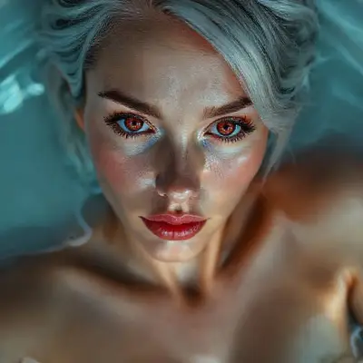 27-year-old mystic body, sweet sugar model (light-toned body) (bright light red iris eyes) ultra-sharp iris detail, subtle reflections, moist tear line, natural lashes, ultra-detailed face, natural skin pores, soft cheek shadows, high-resolution lash texture, realistic light on the bridge of the nose, tear lines, realistic shading, moist full lips, soft ultra natural sheen, light rose color, subtle skin texture, visible lip folds, realistic light reflection, fake shadows, visible scleral veins, realistic shadows, short wavy dark white hair, soft skin texture, realistic nipple detail, anatomically correct placement, subtle interplay of light and shadow, woman floating in a jacuzzi, soft cinematic lighting, Hasselblad H6D-100c, 85mm f/1.2 lens, ultra-detailed skin, 8K;