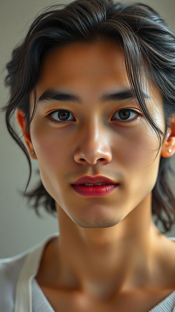 The facial anatomy of a cheerful and attractive man in her 20's japan man Natural, 50% makeup-free, captivating, shy, innocent beauty. Natural facial structure, extremely realistic anatomical skin texture. Extremely detailed, facial structure with deeply detailed skin pores and wavy black hair. Fine, deep forehead lines and sharp details. Brown iris eyes. Extremely detailed, micro-focused lashes. Extremely detailed, micro-focused, ultra-detailed black eyebrows. Small, focused nose. Extremely detailed, natural cheekbones. Detailed lips. Extremely detailed, focused pink, juicy, wet lips. Small, elegant oval chin. Beautifully detailed facial features. Anatomically defined facial line detail. Ultra-detailed processing. Micro-detailed aging pore structure. Focused, detailed earrings. Realistic, vibrant, and ultra-realistic details. Unfiltered, extremely detailed 16K ultra HD image.