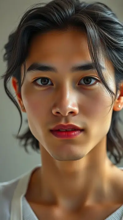 The facial anatomy of a cheerful and attractive man in her 20's japan man Natural, 50% makeup-free, captivating, shy, innocent beauty. Natural facial structure, extremely realistic anatomical skin texture. Extremely detailed, facial structure with deeply detailed skin pores and wavy black hair. Fine, deep forehead lines and sharp details. Brown iris eyes. Extremely detailed, micro-focused lashes. Extremely detailed, micro-focused, ultra-detailed black eyebrows. Small, focused nose. Extremely detailed, natural cheekbones. Detailed lips. Extremely detailed, focused pink, juicy, wet lips. Small, elegant oval chin. Beautifully detailed facial features. Anatomically defined facial line detail. Ultra-detailed processing. Micro-detailed aging pore structure. Focused, detailed earrings. Realistic, vibrant, and ultra-realistic details. Unfiltered, extremely detailed 16K ultra HD image.