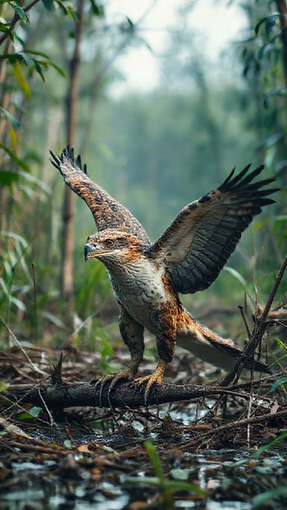 In a wild and detailed natural habitat in a rural swamp forest, a crocodile-like fox-eagle hybrid creature creates a dazzling visual spectacle. This ultra-realistic image, shot from a distance with a professional 35mm DSLR camera,