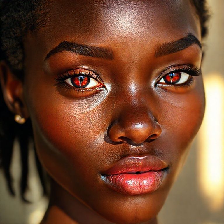 22-year-old, african model slim fit body, toned (bright light red iris eyes) sharp iris detail, subtle reflections, moist tear line, natural lashes, ultra-detailed face, natural skin pores, soft cheek shadows, high-resolution lash texture, realistic light on the bridge of the nose, tear lines, realistic shading, moist full lips, soft ultra natural sheen, light rose color, subtle skin texture, visible lip folds, realistic light reflection, sunny shadows, visible scleral veins, 85 mm+ mycro anatomic detailed lens full screen;