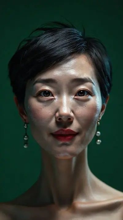 Dark green background, dim studio lighting, Korean female anatomy on a plain studio background, 42 year old woman without makeup (natural skin without makeup), ultra-realistic facial details, ultra-realistic perforated porous skin texture, messy shiny short black hair parted in the middle, ultra-detailed forehead lines, brown iris, watery eyes, ultra-detailed eyelashes, ultra-detailed black eyebrows, small nose, focused nose tip detail, ultra-detailed dimpled cheeks, detailed small folds, very wet lips, pink lipstick, small chin, detailed light freckled face, ultra-anatomical prominent facial line detail, ultra-detailed facial hair, (micro detail), (ultra detail), cute, horny smile, detailed colorful pearl earrings, ultra-realistic anatomical alignment detail and ultra-detailed textures