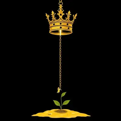 Concept: Simple, deeply symbolic. On a dark background, a golden crown (representing power) is suspended in the air. From inside the crown, a thick invisible chain extends downward. At the lower end of the chain, a fearful, cowering puppet figure (representing the enslaved spirit) is attached. However, a sharp beam of light (divine warning/call to repentance) pierces from above, striking and breaking the chain at its midpoint. The light also begins to melt the crown. Instead of dripping onto the puppet below, the molten gold mixes into the earth around it, transforming into a newly sprouting plant.

Style: Minimalist, concept art, clean lines, deep symbolism.
Color: Gold, black, white, and a single accent color (the green of the sprout or the warm white of the light).
Composition: Vertical. Strong vertical lines (chain, light).