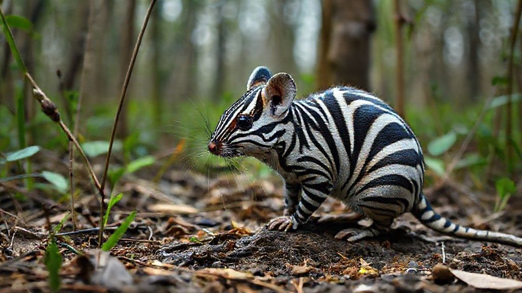 In a wild and detailed natural habitat in a rural swamp lake forest, a zebra-like mouse creates a dazzling visual spectacle. This ultra-realistic image, shot from a distance with a professional 35mm DSLR camera,