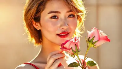It’s a sunny summer day, the sun shining from the left. The woman holding a rose creates a truly aesthetically pleasing image. Chinese woman in her 20s has very short, very wet, and wavy light chestnut hair; prominent wet blue irises; small, juicy lips with pink undertones; a short chin; bright rose cheekbones; thick eyebrows; very prominent dimples; and a few freckles. She is wearing short shoulders; small, thin breasts; a slim waist; wide hips; a knitted leaf thong; and red high heels. The sunlight reflects off her face and body with a golden hue, completing the composition. Camera type: Full-frame DSLR 100MP Lens: 85mm f/1.8 portrait lens 85mm wide-angle; ultra-detailed, vibrant colors and anatomical lines and textures;