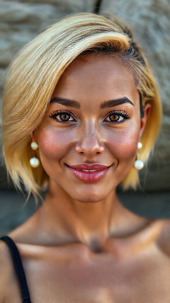 Hispanic female, police anatomy, natural beauty, in her 42s. Ultra-realistic natural face. Ultra-detailed facial structure with deep pores. Shiny ear length, short yellow hair. Definite, deep forehead lines and defined details. Brown iris. Watery eyes. Ultra-detailed, micro-focused eyelashes. Ultra-detailed, micro-focused black eyebrows. Small nose. Ultra-detailed, natural dimpled cheeks. Detailed small mouth. Detailed lip curves. Ultra-detailed, focused pink pastel lips. Small chin oval. Ultra-detailed facial features. Ultra-anatomically defined facial line detail. Ultra-detailed facial hair. Micro-detailed pore structure. Ultra-realistic expression. Cute, flirty smile. Highly detailed pearl earrings. Ultra-detailed, focused neck and waist bikini area. Ultra-realistic anatomical detail and ultra-realistic textures. High-resolution, micro-detailed wide-field image.