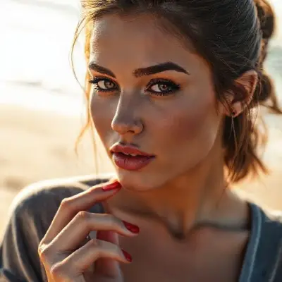 A cinematic close-up portrait of a stunning woman, her face softly lit against a warm, sunny beach backdrop, wearing a low-cut gray velvet shirt. She has delicate, matte pink lips, striking black eyeliner, and defined eyebrows; her confident, alluring, piercing eyes gaze intensely into the camera. Her brown hair is pulled back into a slightly messy bun, with loose strands framing her perfectly contoured face. Her red nails, which match her lipstick, lightly touch her mouth, adding a subtle elegance. The lighting is clean and on-trend, creating sharp contrast and rich shadows, creating a minimalist, mystical atmosphere. The 85mm lens, shallow depth of field, sharp iris focus on the eyes, cinematic color grading, high-resolution editorial style, no text, no logos.