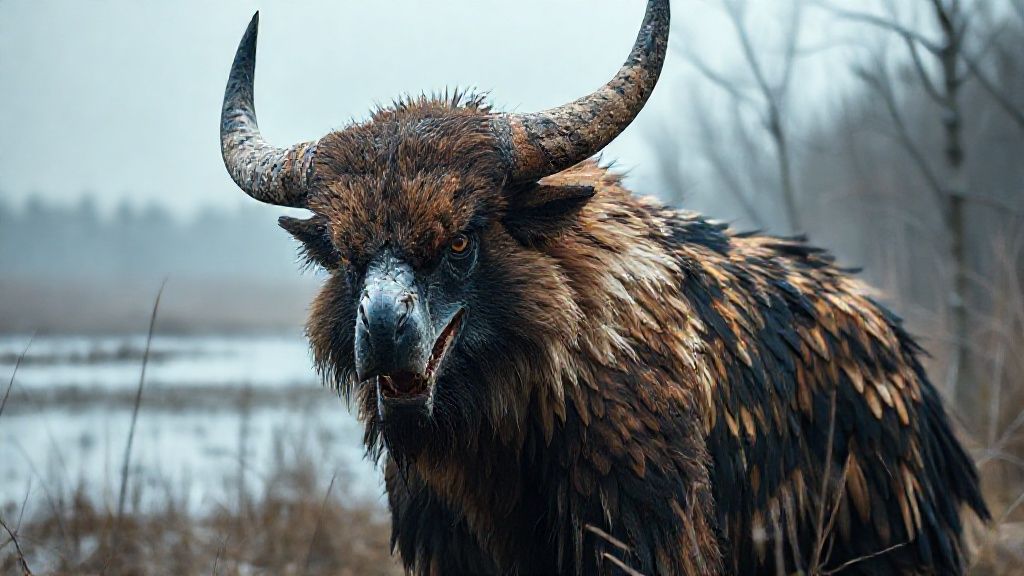 With its eagle-like coloring and ferocious appearance, this bull-like creature is a unique being; in documentary-quality footage, it looks almost like a mutated, evolved monster. Its extremely wild and detailed fur creates a striking image in its mystical setting, a rural swamp lake. Filmed remotely with a professional 35mm DSLR camera for 8K Ultra HD documentary filmmakers.