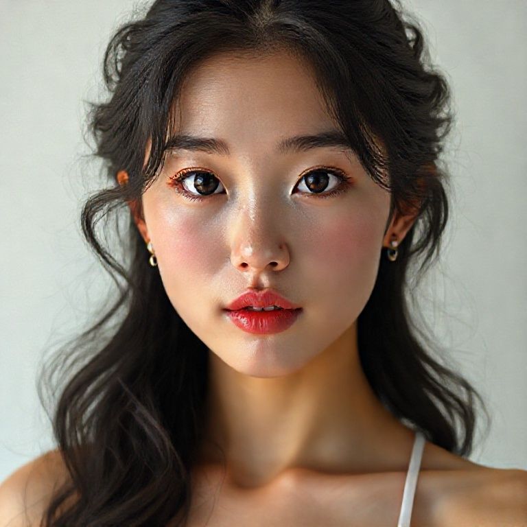 Korean Woman, face and body, anatomy, natural, real no makeup, attractive, horny, wild beauty, in her early 18s. Natural face, very realistic anatomical skin structure. Highly detailed facial structure with deep skin pores and wavy black hair. Definite, deep forehead lines and sharp details. Black iris eyes. Highly detailed, micro-focused eyelashes. Highly detailed, micro-focused, ultra-detailed black eyebrows. Small, focused nose. Highly detailed, natural cheekbones. Small, vague mouth. Detailed lip curves. Highly detailed, focused pink pastel wet lips. Small oval chin. Beautifully detailed facial features. Anatomically defined facial line detail. Micro-detailed facial hair. Micro-detailed aging pore structure. Highly detailed earrings. Slim fit petite woman. Neck and bikini area (small breasts with detailed anatomical micro-textures). Micro-anatomical without the use of a screen filter (no face filter). Realistic color tones, ultra-realistic details. ultra hd 8k