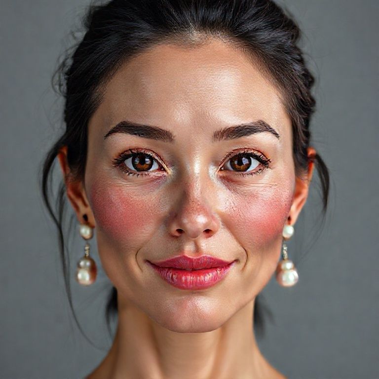 Background: Bright gray color, vivid studio lighting from top to bottom, 18 y.old female anatomy on a plain studio background with bright colors and lighting; Ultra-realistic bright rose-toned facial detail, ultra-realistic perforated porous skin texture, center-parted messy shiny black hair, ultra-detailed forehead lines, brown iris, watery eyes, ultra-detailed eyelashes, ultra-detailed black eyebrows, small nose, focused nose tip detail, ultra-detailed dimpled cheeks, detailed small folds, very wet lips, pink lipstick, small chin, detailed lightly freckled face, ultra-anatomical prominent facial line detail, ultra-detailed facial hair, [micro detail], [ultra detail], sympathetic smile, detailed colorful pearl earrings, accurate physical detail of the woman consistent with the anatomical detail;