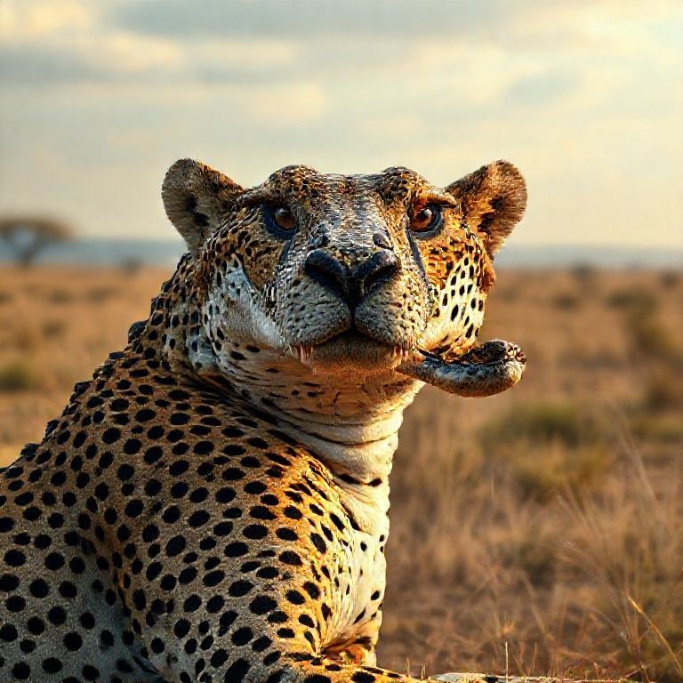 Its head is a crocodile head, its body is a cheetah, its body is realistic, its textures and colors are realistic. Anatomical reality 32K. Full screen African landscape is magnificent 185mm 1/1:2 DSLR camera;