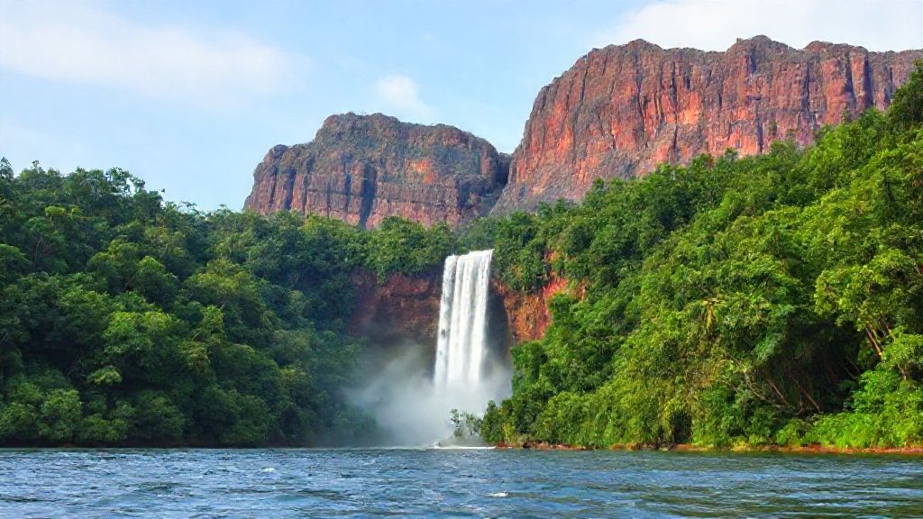 A dense, lush tropical forest is seen in the foreground. The trees are dense and vibrant green tones.

In front of the forest is a flowing river or lake shore. The water surface is slightly wavy.

A mountain of huge, dark reddish-brown sheer blocks of rock rises in the background.

A thin and very high waterfall flows down from the top of the mountain. The long and thin structure of Angel Falls is clearly evident.

White mist and clouds covered the lower part of the waterfall; This adds a mystical atmosphere to the landscape.

The sky is light blue, with some light clouds.