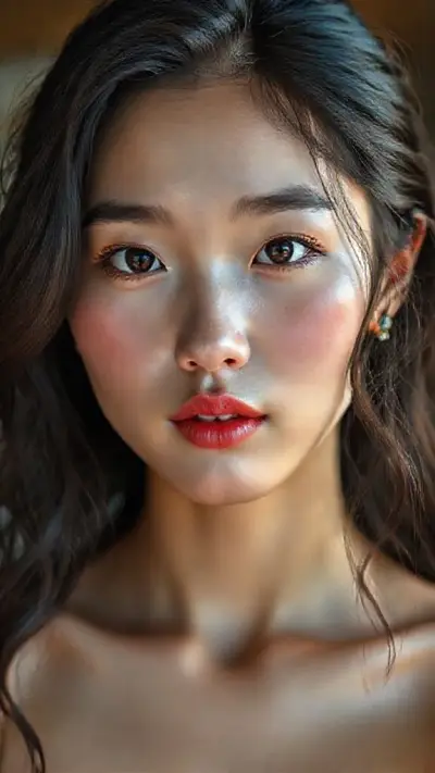 Korean Woman, face and body, anatomy, natural, real no makeup, attractive, horny, wild beauty, in her early 20s. Natural face, very realistic anatomical skin structure. Highly detailed facial structure with deep skin pores and wavy black hair. Definite, deep forehead lines and sharp details. Black iris eyes. Highly detailed, micro-focused eyelashes. Highly detailed, micro-focused, ultra-detailed black eyebrows. Small, focused nose. Highly detailed, natural cheekbones. Small, vague mouth. Detailed lip curves. Highly detailed, focused pink pastel wet lips. Small oval chin. Beautifully detailed facial features. Anatomically defined facial line detail. Micro-detailed facial hair. Micro-detailed aging pore structure. Highly detailed earrings. Slim fit petite woman. Neck and bikini area (small breasts with detailed anatomical micro-textures). Micro-anatomical without the use of a screen filter (no face filter). Realistic color tones, ultra-realistic details. 8K UHD VİVİD COLOR