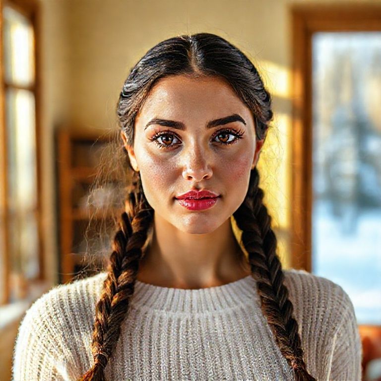 On a beautiful winter day, in a sunny room, stands a woman in her twenties, of Turkish descent, with long, dark brown hair braided to the sides. Her striking facial features include highly detailed brown irises, watery eyes, prominent eyelashes and thick eyebrows; a small, pointed, arched nose; bright pink, curved lips; a small, highly detailed oval chin; a delicate face and a captivating, sympathetic, sincere gaze. Physically, she has short shoulders, small, soft breasts, a slender waist, a slightly defined rib cage, slightly protruding shoulder blades, vibrant colors, focused eyes, and perfect lighting. The woman is a professional model with strikingly realistic details. Ultra HD 8K