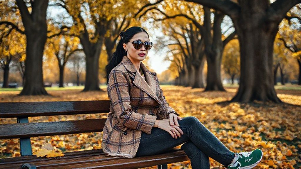 An autumn day in the park. The tall oak trees have shed their leaves, and the yellowing leaves lie on the ground. The sun reflects around her. A woman sits on a bench. She is in her thirties. She has a white, tan complexion, black hair pulled back tightly, small oval Ray-Ban sunglasses, dark pink lipstick, and a dimpled face. She is wearing a light brown plaid coat, dark gray skinny jeans, and Puma green and white striped casual shoes. The cinematic atmosphere is vibrant with color and texture. The lighting is perfect for composition. Camera type: 100MP full-frame DSLR. Lens: 85mm f/1.8 portrait lens. 35mm image;