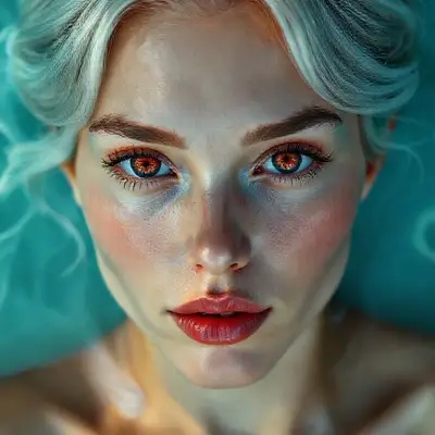 27-year-old mystic body, sweet sugar model (light-toned body) (bright light red iris eyes) ultra-sharp iris detail, subtle reflections, moist tear line, natural lashes, ultra-detailed face, natural skin pores, soft cheek shadows, high-resolution lash texture, realistic light on the bridge of the nose, tear lines, realistic shading, moist full lips, soft ultra natural sheen, light rose color, subtle skin texture, visible lip folds, realistic light reflection, fake shadows, visible scleral veins, realistic shadows, short wavy dark white hair, soft skin texture, realistic nipple detail, anatomically correct placement, subtle interplay of light and shadow, woman floating in a pool soft cinematic lighting, Face Restoration/Face Enhancement High Resolution Correction Scaling x4 SDXL or use model like Realistic;