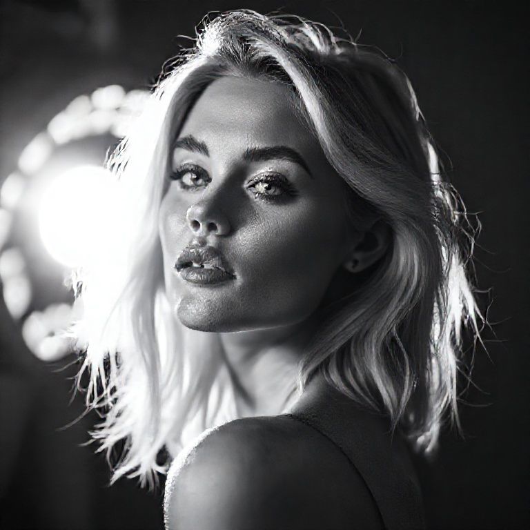 black and white photography, fashion editorial, a close up portrait of blondhaired beautiful woman is studio lights in style Herb Ritts, highres, realistic photo, professional photography, cinematic angle, dynamic light back shining,